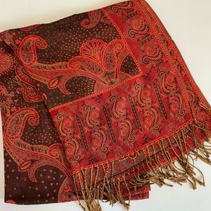 Large shawl with fringe rust brown green black